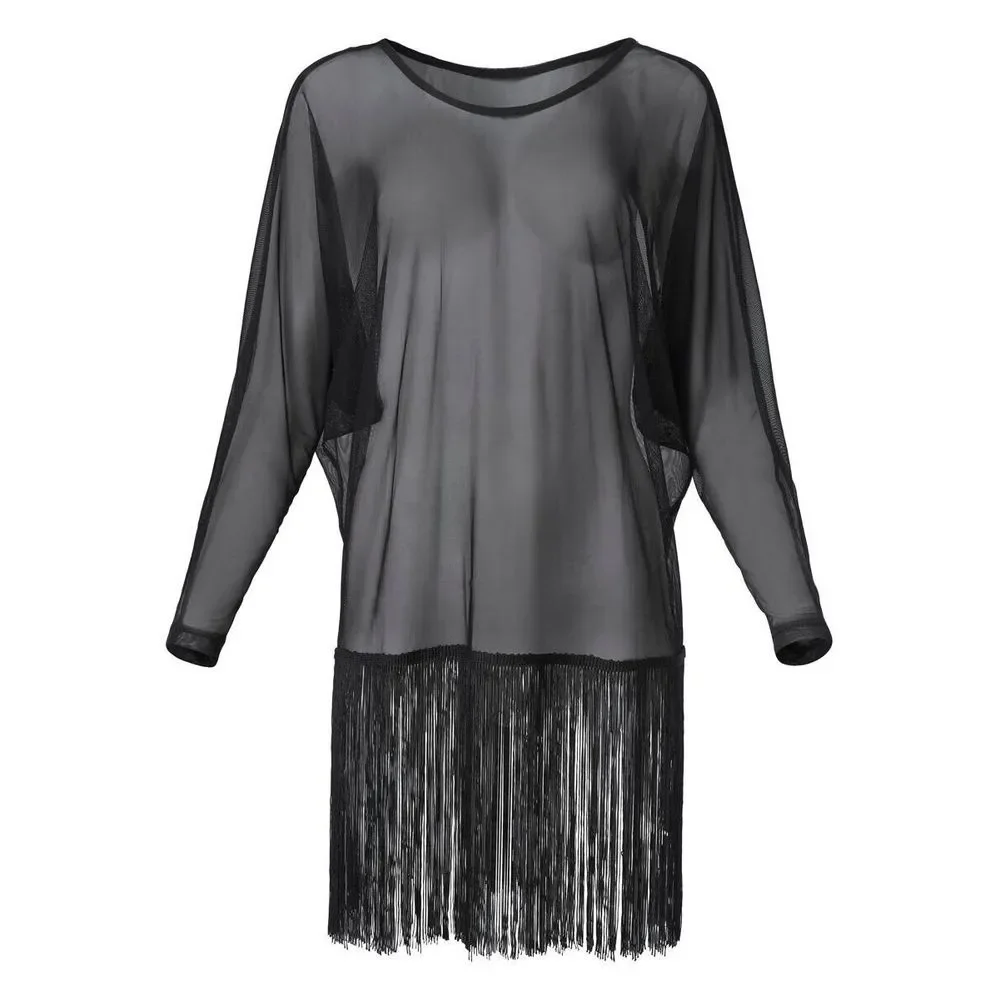 Venus Black Sheer Fringed Long-Sleeve Cover-Up Size 1X/2X - Picture 5 of 5